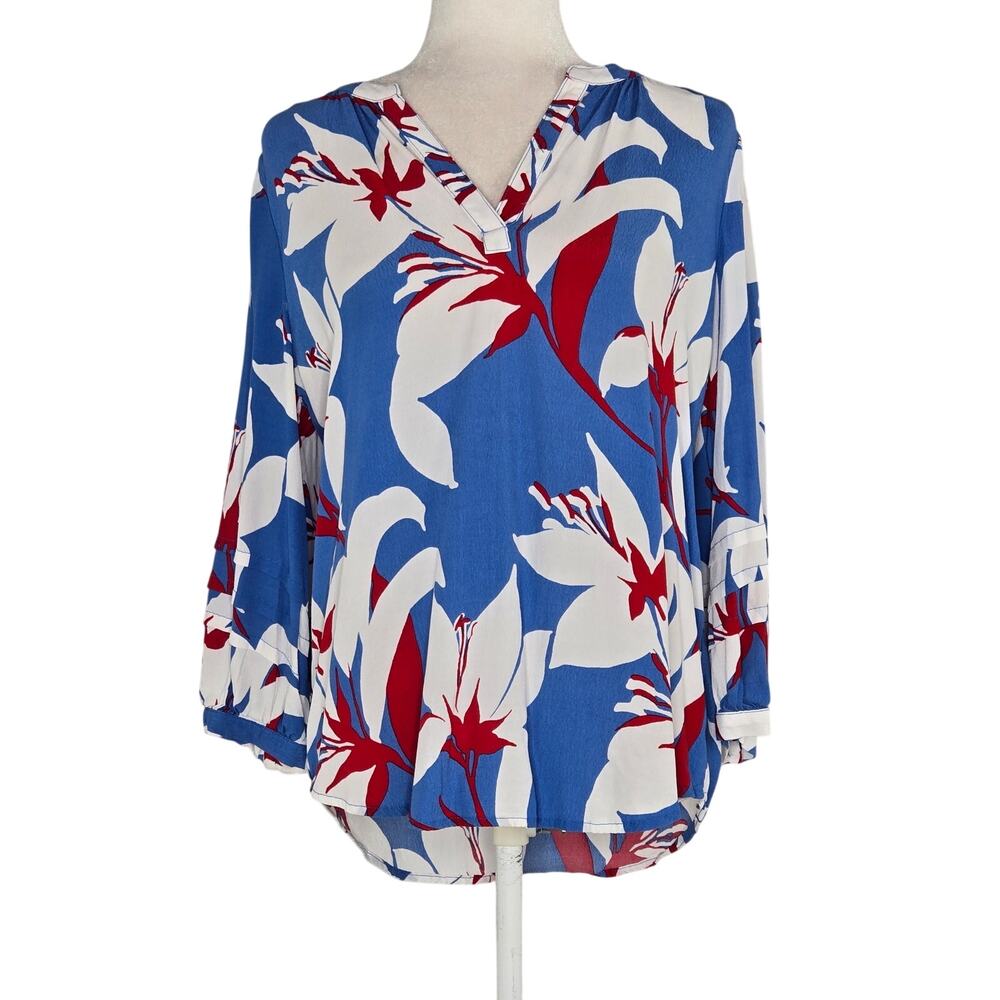 Liz Claiborne EUC floral patriotic blouse v-neck sleeves Medium red white blue
